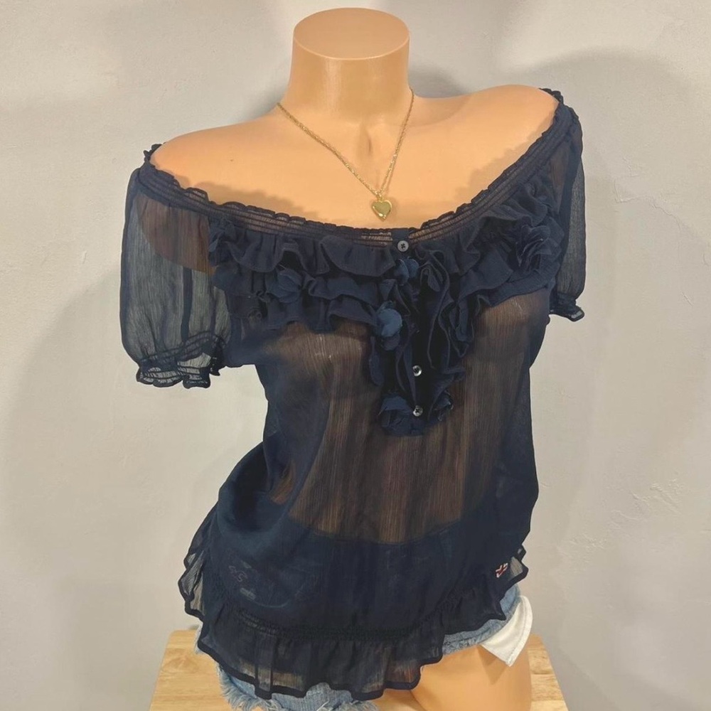 Hollister Navy Sheer Ruffle Blouse